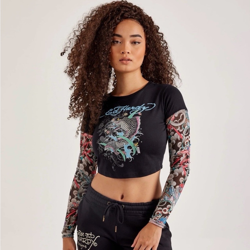 Ed Hardy Black Cropped Long-Sleeve Graphic Top with Multicolor Sleeve Prints